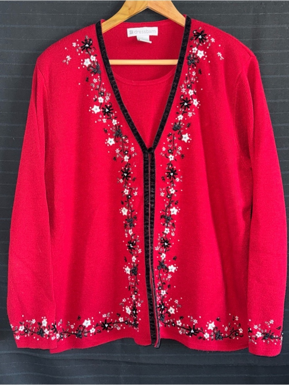 Dress Barn Red Black Trim Beaded Faux Sweater Set Layered Large Holiday Sparkle